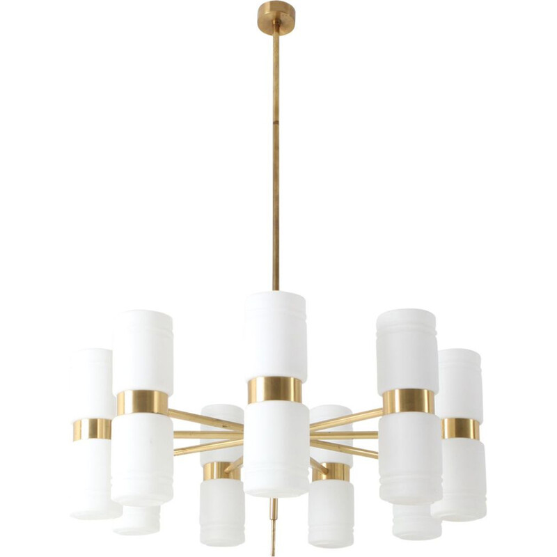 Vintage Hans-Agne Jakobsson brass and milky opaline glass chandelier