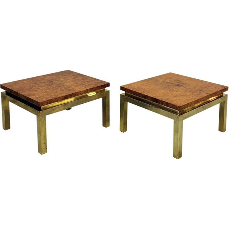 Set of 2 vintage burr walnut and brass side tables by Guy Lefevre for Maison Jansen