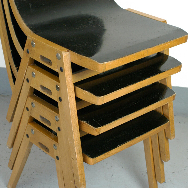 Set of 4 vintage black austrian black stacking chairs for Emil and Alfred Pollak