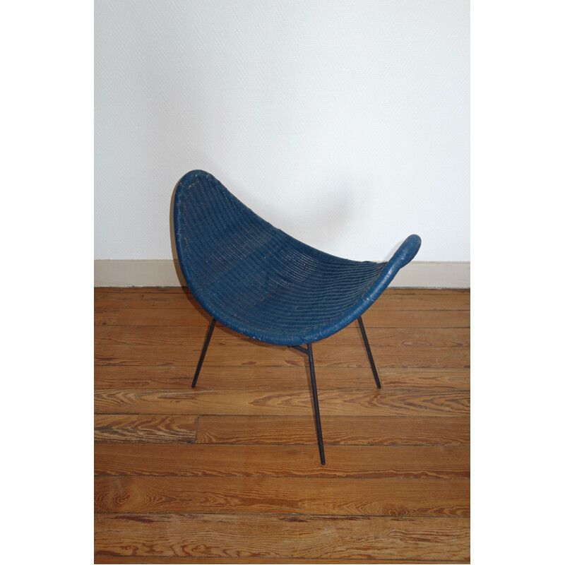 Vintage blue stool in rattan