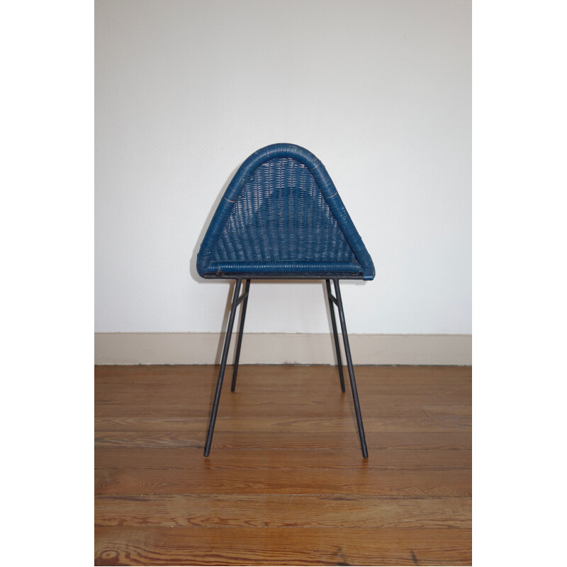 Vintage blue stool in rattan