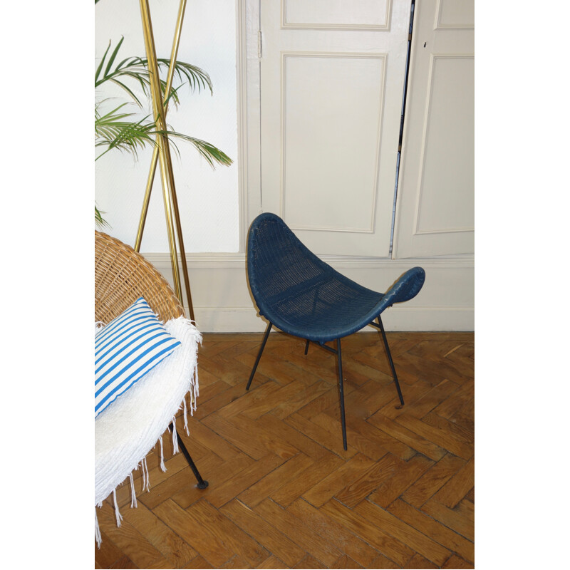 Vintage blue stool in rattan