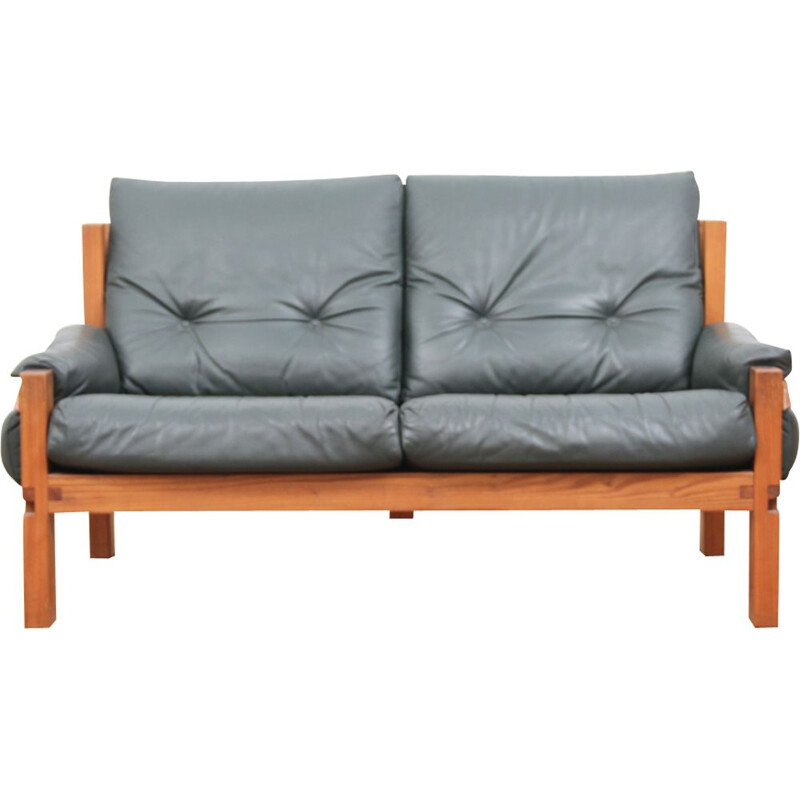 Vintage french S22 sofa by Pierre Chapo in elm and green leather