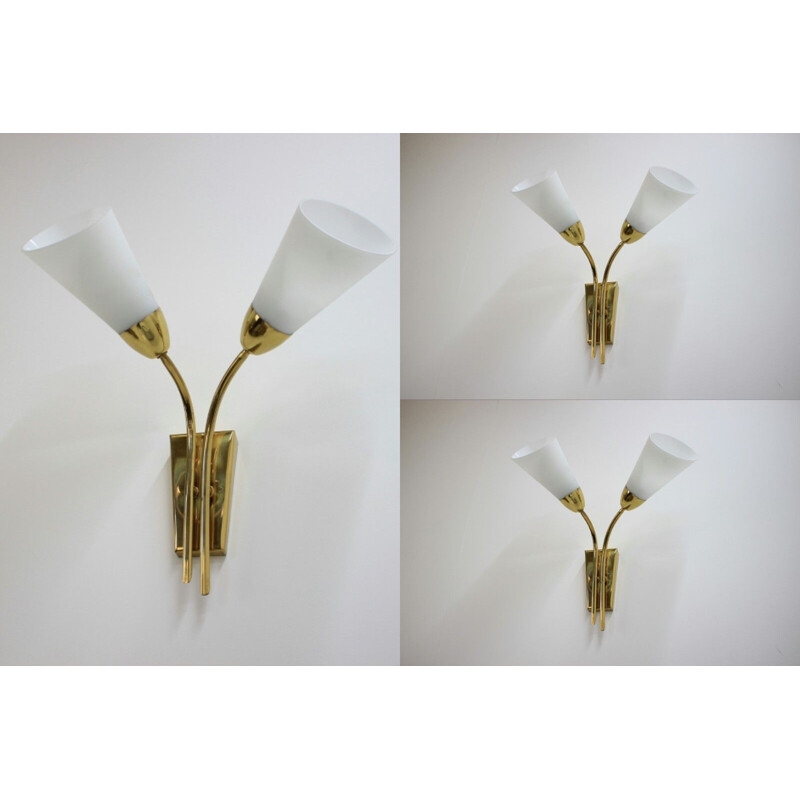 Set of 3 vintage brass and opaline wall lamps, 1970