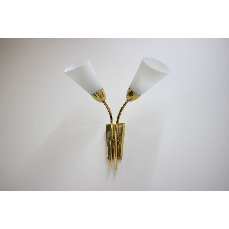 Set of 3 vintage brass and opaline wall lamps, 1970