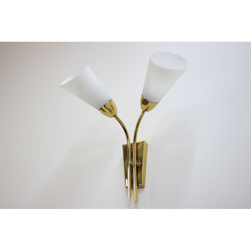 Set of 3 vintage brass and opaline wall lamps, 1970