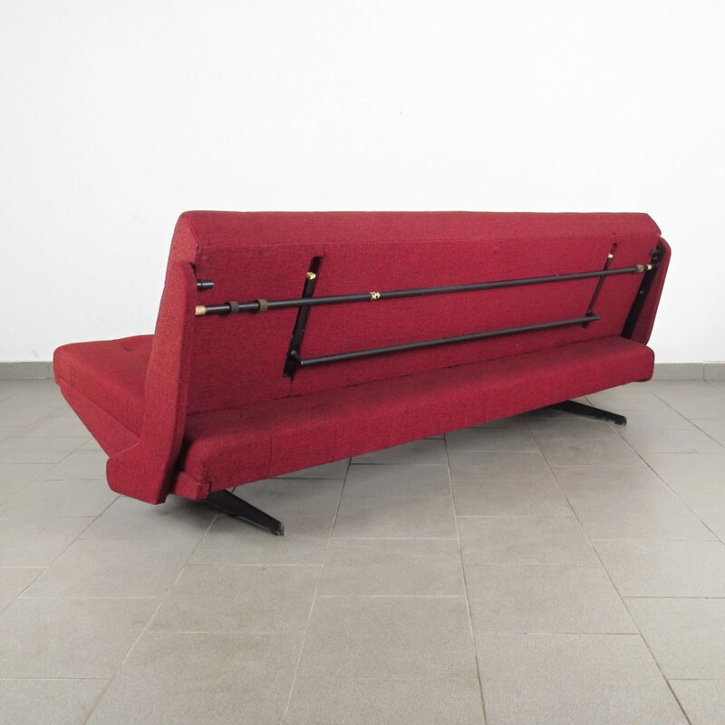 Canapé vintage convertible en tissu rouge et acier 1970