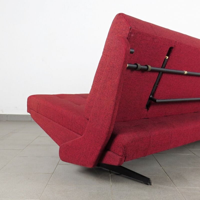 Vintage convertible daybed in red fabric and steel 1970