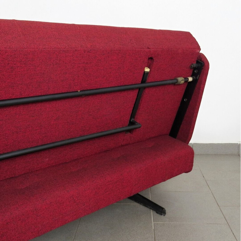 Vintage convertible daybed in red fabric and steel 1970