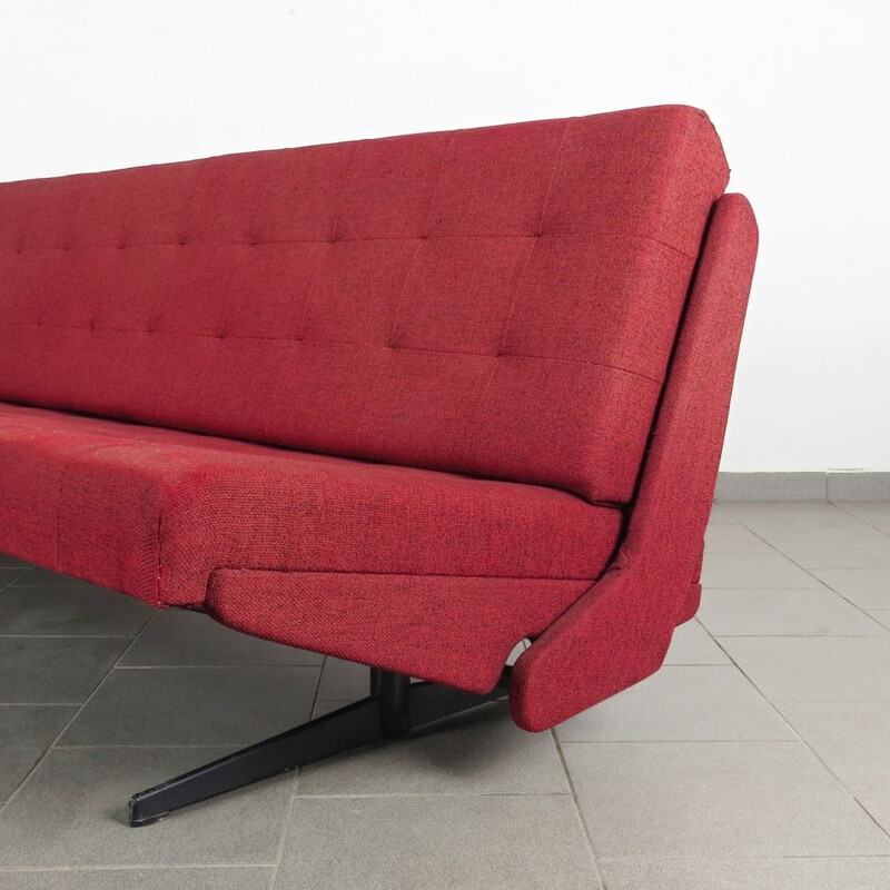 Vintage convertible daybed in red fabric and steel 1970