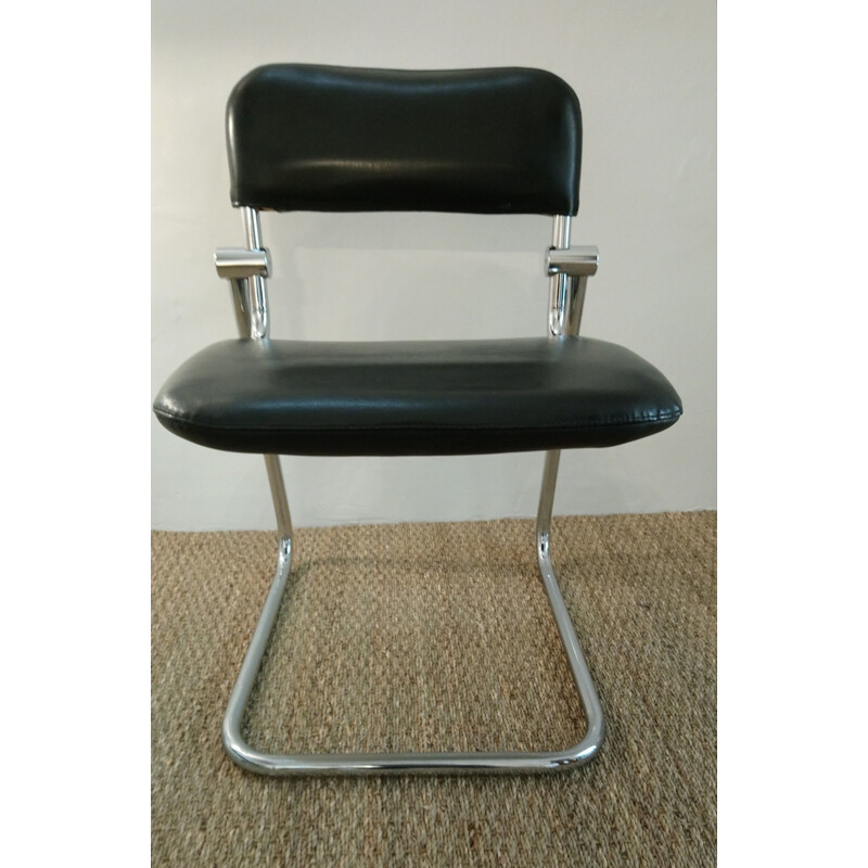 Conjunto de 4 sillas vintage en skai negro y cromo 1970