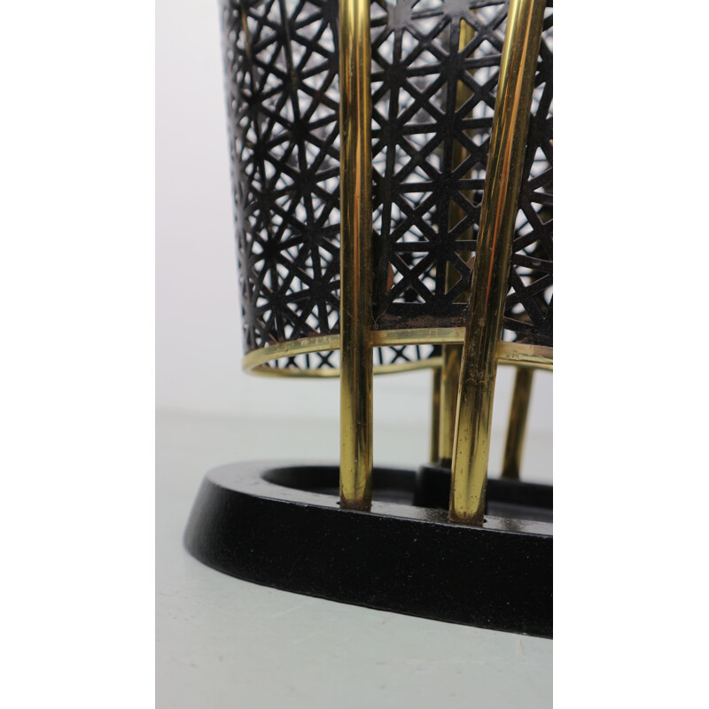 French vintage umbrella stand in black metal and brass 1950