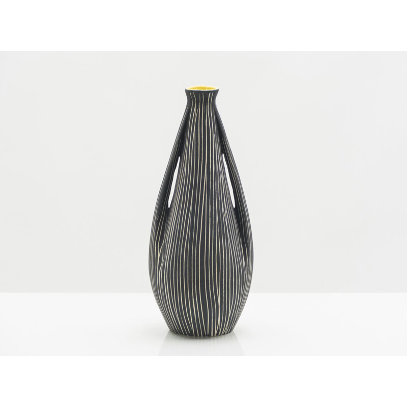 Vintage italian vase in black ceramic with yellow collar 1960