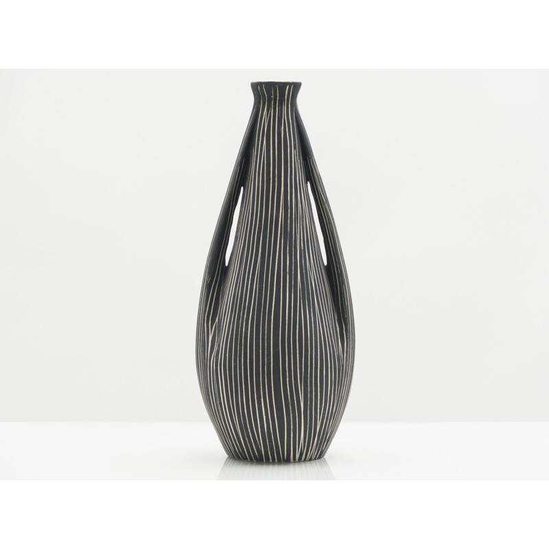 Vase vintage italien en céramique noire avec col jaune 1960