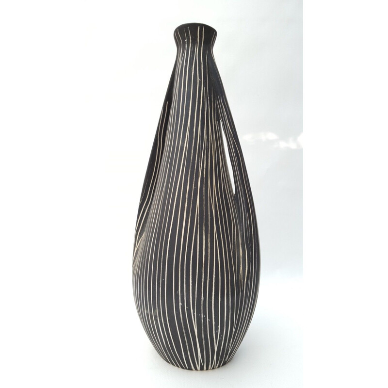 Vase vintage italien en céramique noire avec col jaune 1960