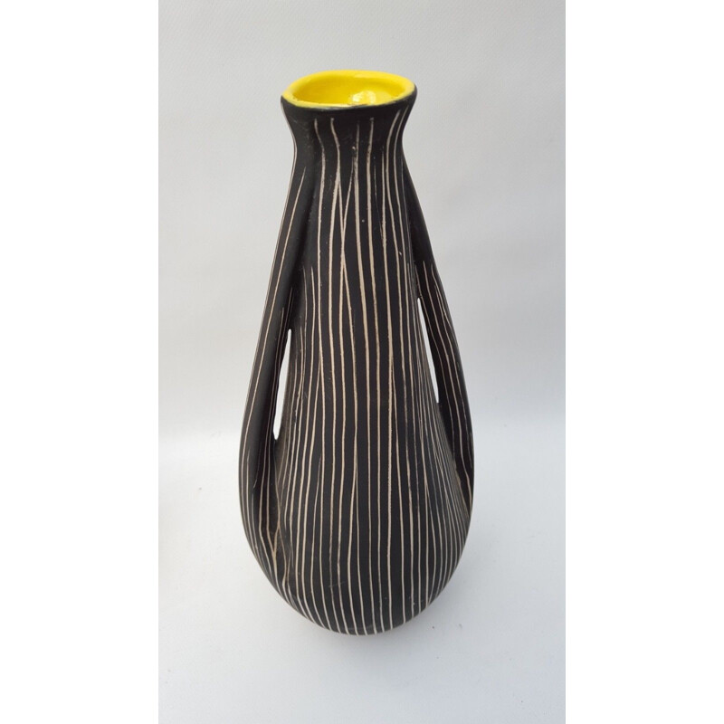 Vase vintage italien en céramique noire avec col jaune 1960