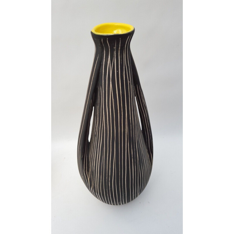 Vintage italian vase in black ceramic with yellow collar 1960