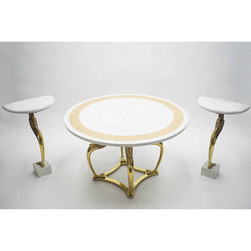 French vintage table in white marble and brass 1970