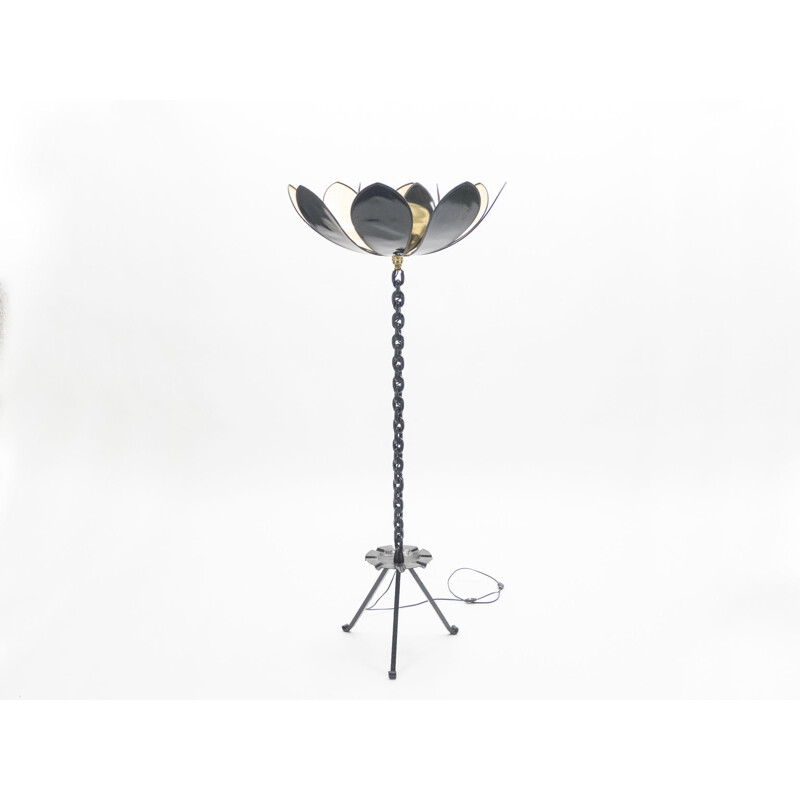 French vintage floorlamp in black iron and brass 1960