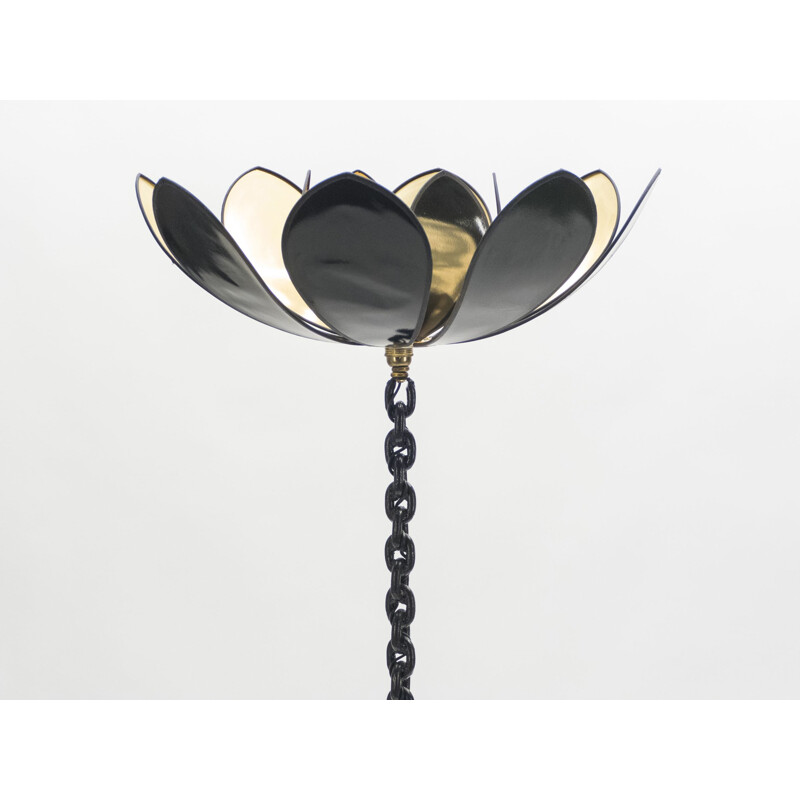 French vintage floorlamp in black iron and brass 1960