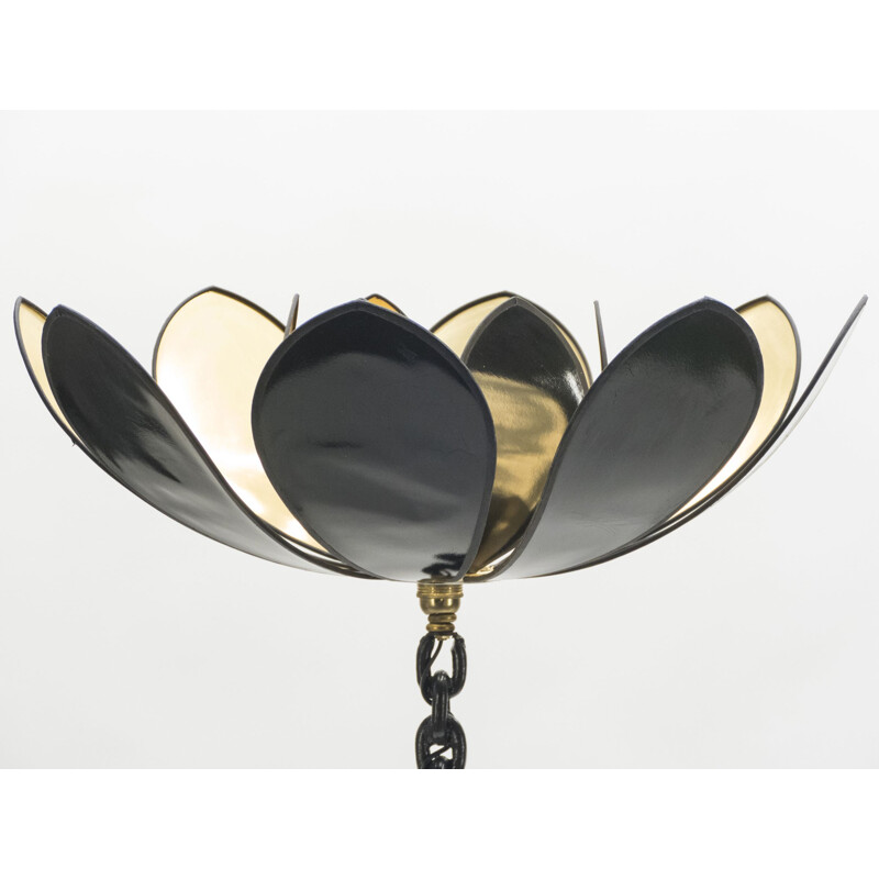 French vintage floorlamp in black iron and brass 1960