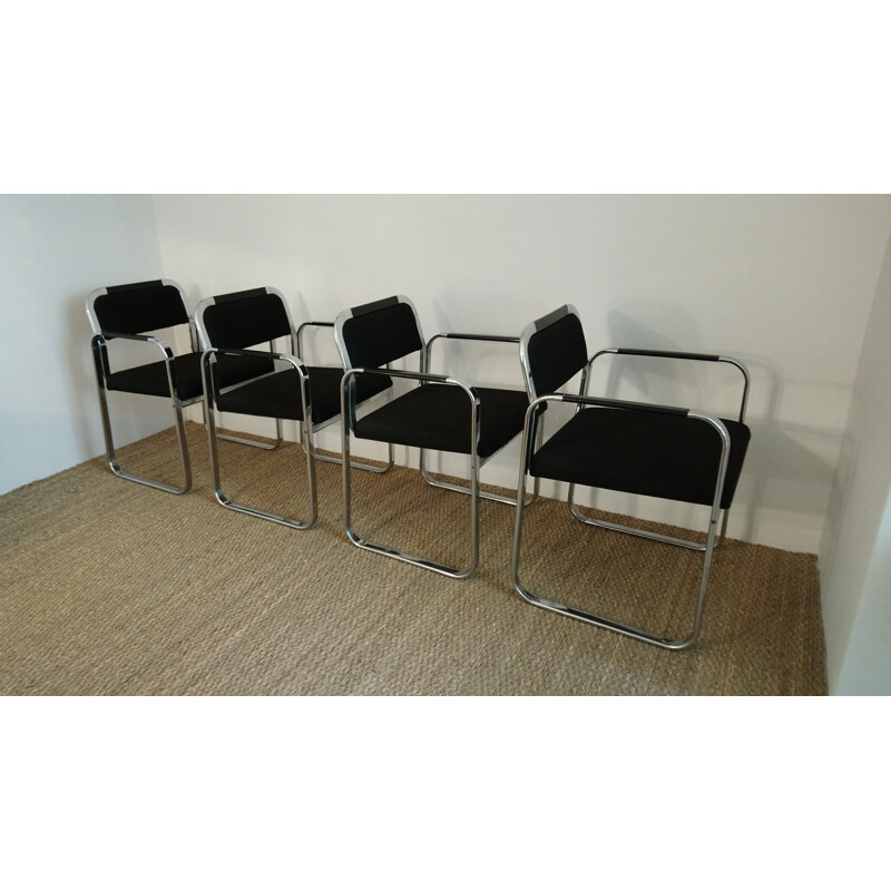Set of 4 vintage italian armchairs in chrome and black fabric 1980