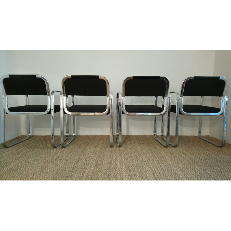 Set of 4 vintage italian armchairs in chrome and black fabric 1980