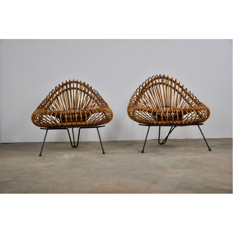 Pair of armchairs in rattan by Jeanine Abraham