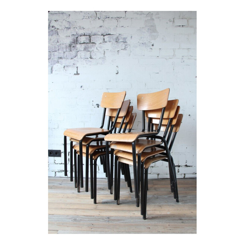 Set of 7 school chairs in wood