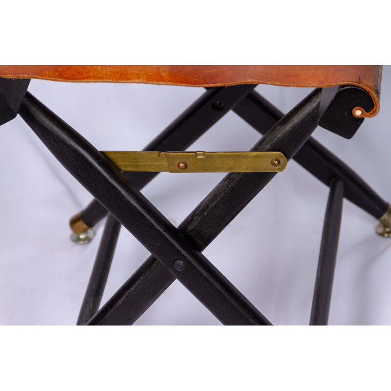 Set of 2 vintage french folding stools leather