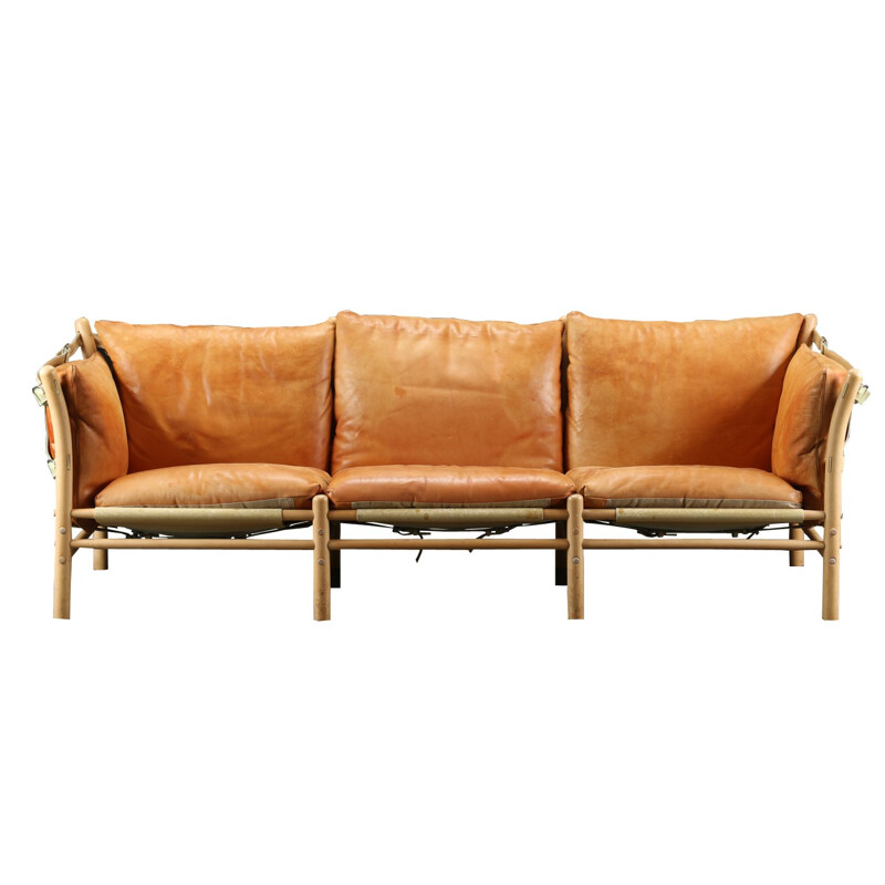 3 seater beech and leather sofa, Arne NORELL - 1960s