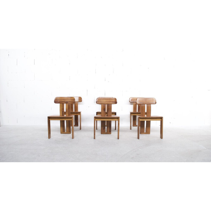 Set of 6 vintage in natural leather, walnut and solid beech chairs