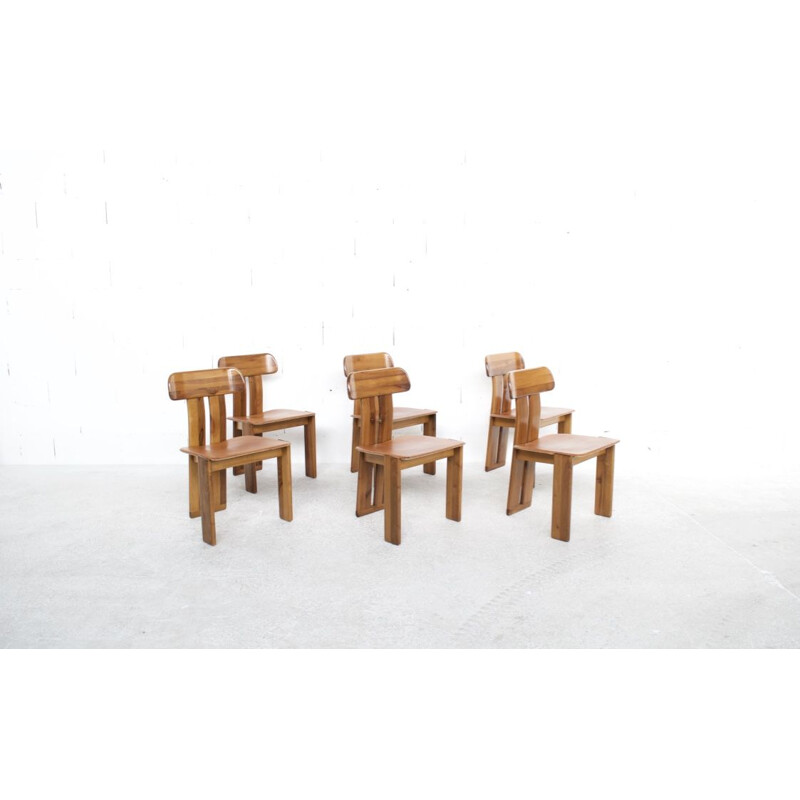 Set of 6 vintage in natural leather, walnut and solid beech chairs