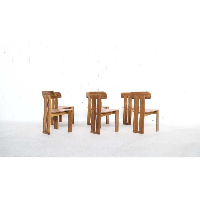 Set of 6 vintage in natural leather, walnut and solid beech chairs