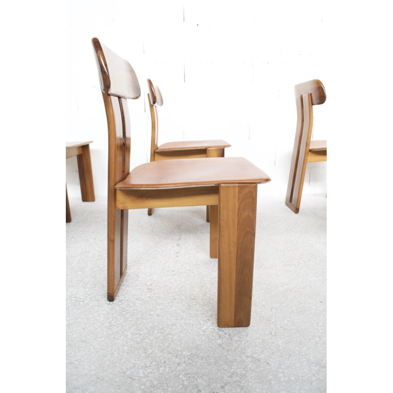 Set of 6 vintage in natural leather, walnut and solid beech chairs