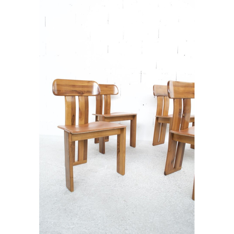 Set of 6 vintage in natural leather, walnut and solid beech chairs