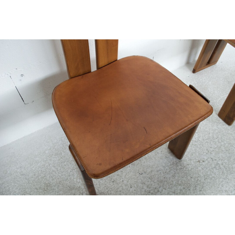 Set of 6 vintage in natural leather, walnut and solid beech chairs