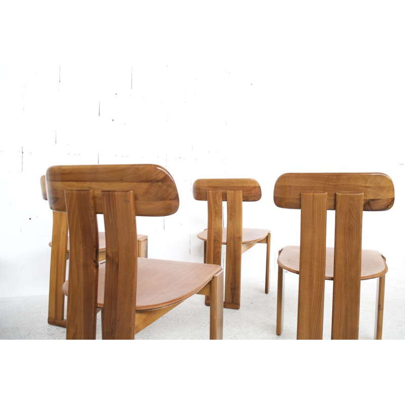 Set of 6 vintage in natural leather, walnut and solid beech chairs