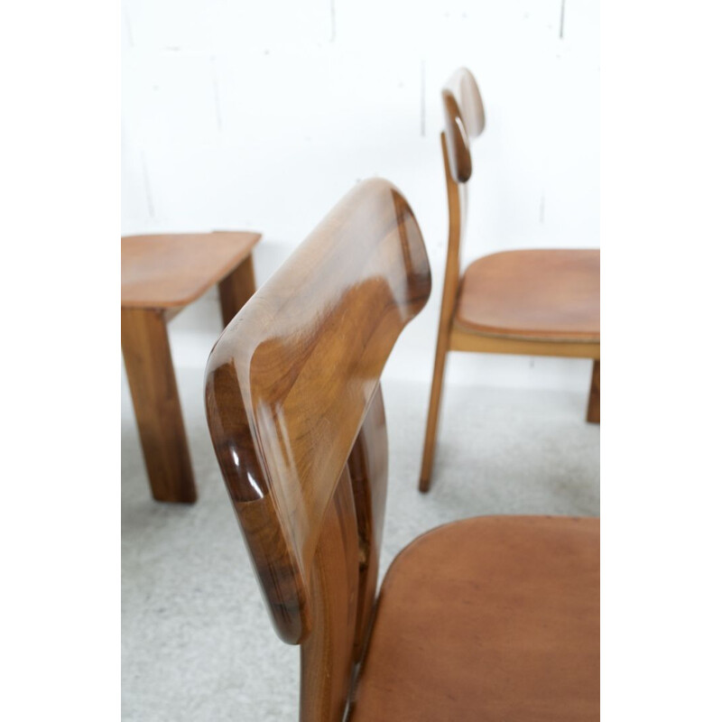 Set of 6 vintage in natural leather, walnut and solid beech chairs