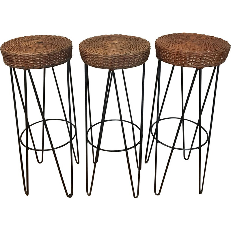 Set of 3 vintage braided wicker stools