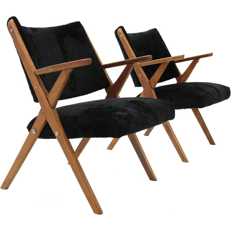 Suite de 2 fauteuils vintage italiens en velours noir par Dal Vera