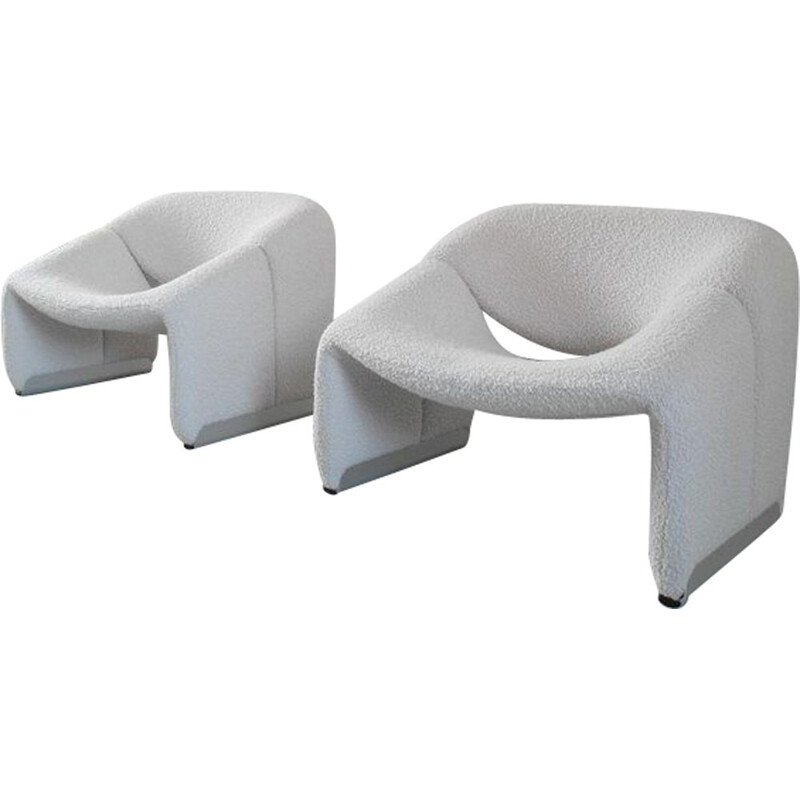 Pair of vintage Groovy armchairs for Artifort in ivory wool 1973