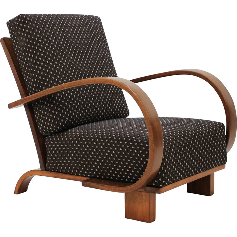 Vintage armchair by Halabala in walnut and black fabric