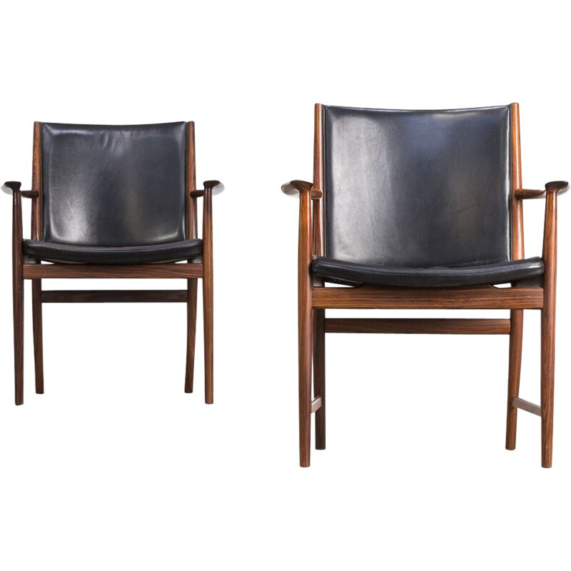 Set of 2 vintage armchairs for Vejen in black leather and rosewood