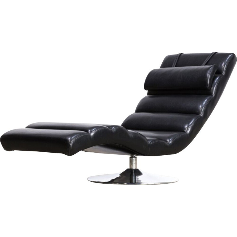 Vintage black leather lounge chair with chrome swivel base 1980