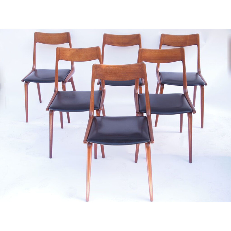 Set of 6 vintage chairs for Slagelse in teak and black leather 1950
