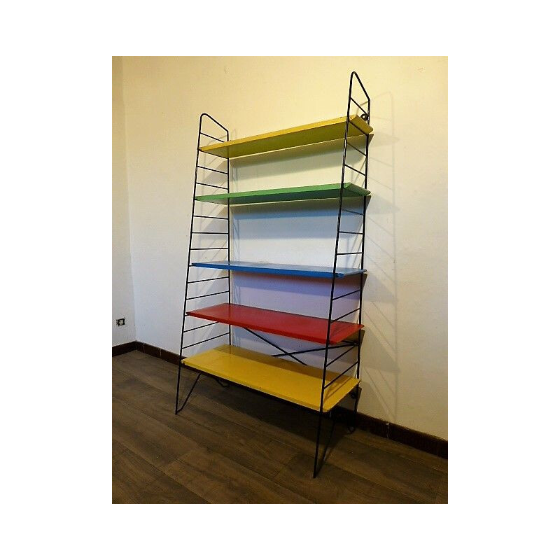 Vintage dutch multi-colored shelves in wood and metal 1960