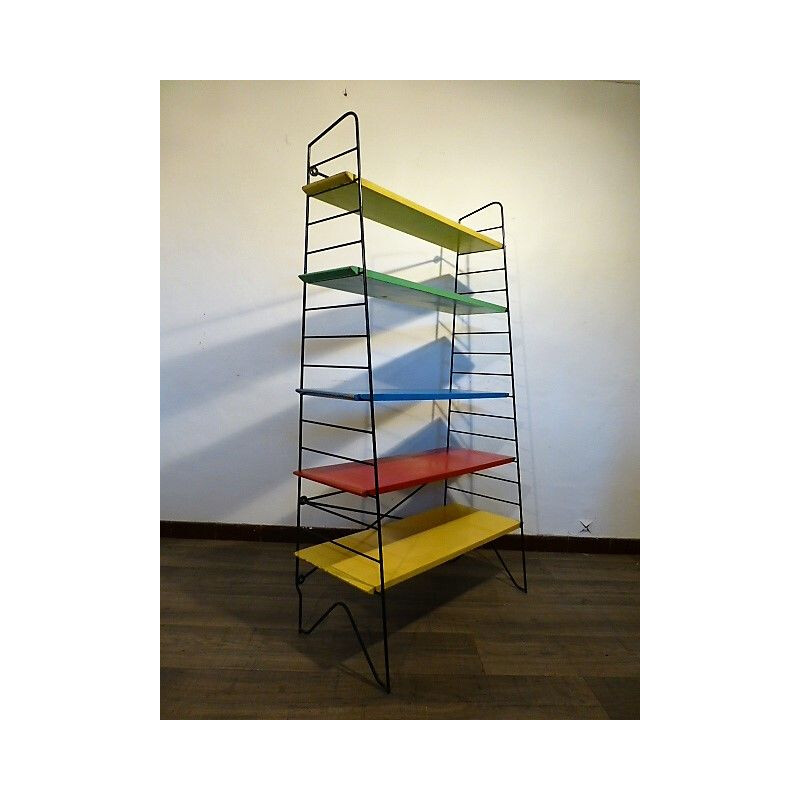 Vintage dutch multi-colored shelves in wood and metal 1960
