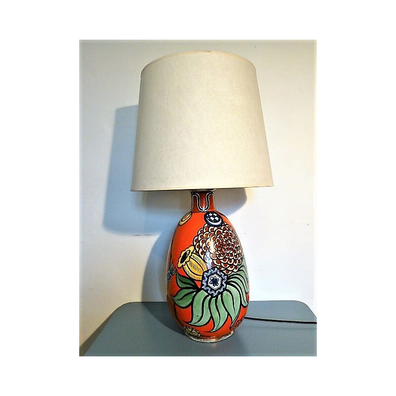 French vintage lamp in red painted ceramic 1940