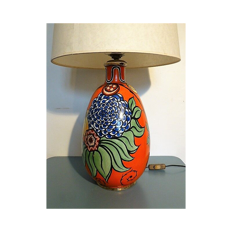 French vintage lamp in red painted ceramic 1940